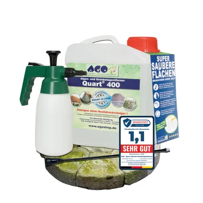 Produktbild von AGO Quart 400 Set Grünbelagentferner 2 Liter & Sprühflasche 1L mit Verlängerung/400 qm Algenentferner/Steinreiniger/Terassenreiniger/Grünspanentferner