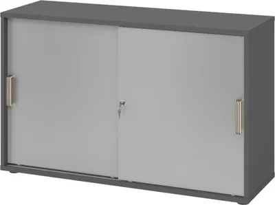 Produktbild von bümö Schiebetürenschrank office - 2 Ordnerhöhen - Griff: Streifengriff (Kunststoff), Nachbildung: Graphit/Silber