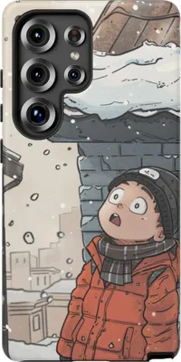 Produktbild von Winterlicher Chibi-Mann blickt erstaunt zum verschneiten Dach – Hülle Kompatibel mit Galaxy S25 Ultra