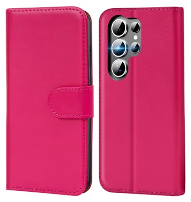 A pink flip case for a smartphone is shown, with the phone's camera array visible on the right side.