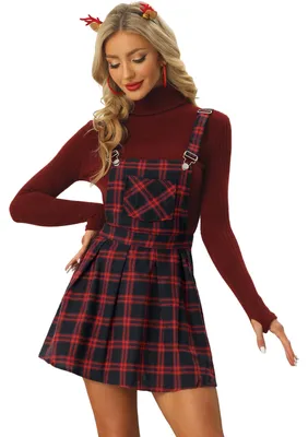 Produktbild von Allegra K Damen Karo Verstellbarer Träger Latzhose Overall Kleid Strapsrock, rot