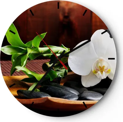 Produktbild von Wanduhr - Rund - Glasuhr - Bambus Schönheit Dekoration Blume - 40x40cm - Schleichendes Uhrwerk - Lautlos - zum Aufhängen bereit - Dekoration Modern - Wanddekoration aus Glas - C3AR40x40-2166