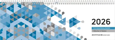A desk calendar for the year 2026 with a geometric blue and gray pattern.