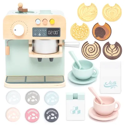 Produktbild von Kinder Kaffeemaschine aus Holz Kinderküche Zubehör inkl austauschbaren Latte-Art-Designs und Tassen Kaffeeservice-Set für Rollenspiele Holzspielzeug