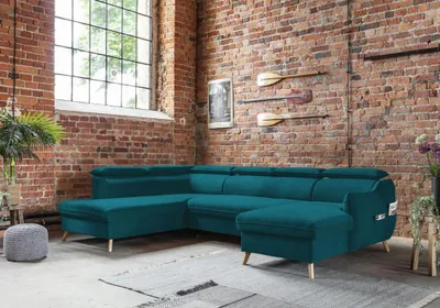 Produktbild von MIUFORM Sweet Harmony - Ecksofa mit Bettfunktion und Bettkasten U-FORM LINKS - 321x208cm - Velours Türkis - Sofa Schlafsofa Couch