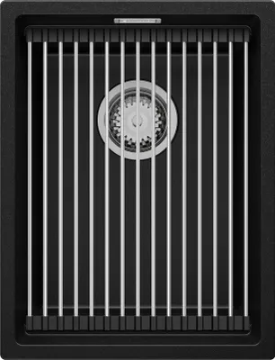 Produktbild von PRIMAGRAN Unterbauspüle Granit Schwarz 36x47cm, Spülbecken 1 Becken + Ablauf-Set + Aufrollbare Abtropffläche, Granitspüle ab 40er Unterschrank - Praga