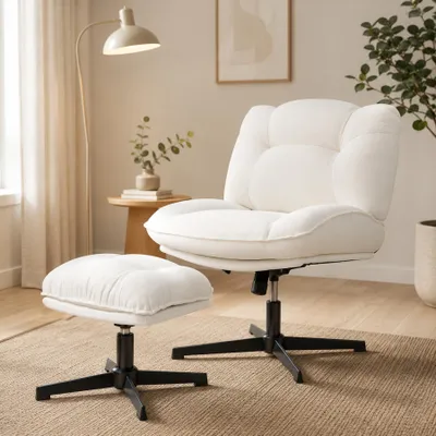 Image de Chaise Bureau, Dossier réglable, Repose-Pieds Chaise de Bureau Ergonomique, Pivotante, Assise Large, Réglable en Hauteur, avec Coussin, Bureau, Beige