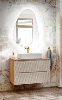 Productafbeelding van Badmeubelset 2-delig, badkameraccessoireset LAXY, eikenhout, beige, zonder wastafel