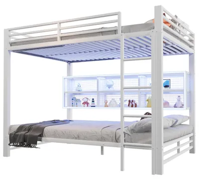 Produktbild von Etagenbett mit 2 Liegeflächen, RGB LED-Streifen, Lattenrosten, Trittleiter, Rausfallschutz und Regal, 140x200 cm, Kinderbett, Metallbett