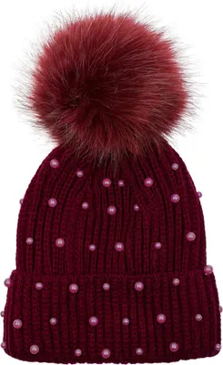 Produktbild von styleBREAKER Damen Strick Bommelmütze mit Perlen und Fleece Futter, warme Winter Fellbommel Mütze, Fake Fur 04024155