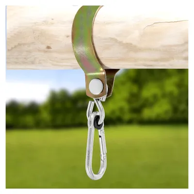 Produktbild von Schaukelhaken 100 mm für Rundholz mit Karabinerhaken und Schaukelschelle zur Befestigung von Hängematten und Schaukeln, verzinkt
