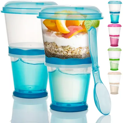 Produktbild von Premium Müsli 2 Go Becher 2er Set mit Löffel & Iso-Kühlfach | Blau, 330ml Volumen | Auslaufsicherer Joghurtbecher für Unterwegs & Büro