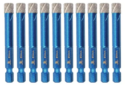 Zdjęcie produktu dla Zestaw wierteł diamentowych, 10 sztuk, 8 mm, trzpień sześciokątny, do wiercenia w płytkach, ceramice, granicie, szkle, porcelanie, gresie, murze i marmurze