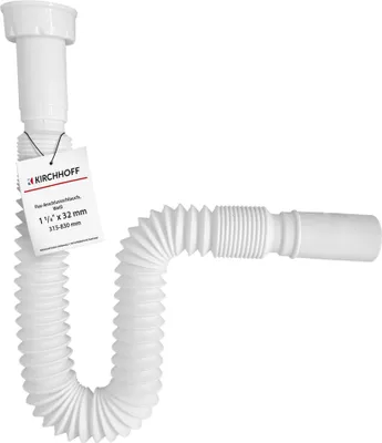 A white flexible drain pipe with a tag attached.
