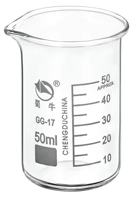 Obrázek produktu pro Odměrná nádoba o objemu 50 ml, vyrobená z borosilikátového skla, s výlevkou a stupnicí