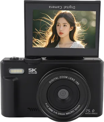 Produktbild von 5K HD Digitalkamera 75MP UHD 18XAF Autofokus 3 Zoll Flip Screen WiFi Kamera mit Blitz für Fotografie und Video Schwarz