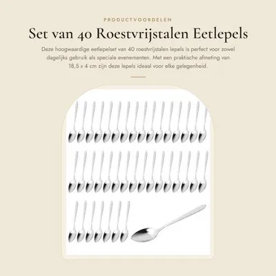 Productafbeelding van Eetlepels 40-delig - Roestvrij Staal - Soeplepelset - Tafellepels - Duurzaam - 18,5 x 4 cm - Bestekset