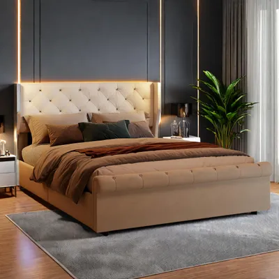 Image de Lit coffre 140x200 cm en velours beige avec rangement hydraulique, lampes de chevet intégrées avec ports USB et chargeur européen