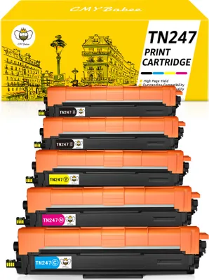 A stack of toner cartridges with a box in the background.