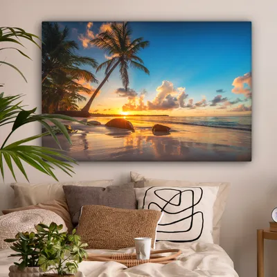 Produktbild von MuchoWow® - Leinwandbilder - Strand - Meer - Palme - Sonnenuntergang, Wandbild, Wanddeko Bilder Wohnzimmer, 120x80 cm