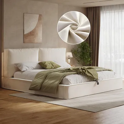 Image de Lit rembourré hydraulique Flieks 180 x 200 cm avec rangement, lit double avec tête de lit rembourrée, lit à rangement, lit en bois pour adolescent, velours, beige
