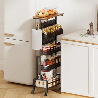 Image de Chariot de service, chariot de cuisine avec plateau en bois, blanc et bois, pour la cuisine