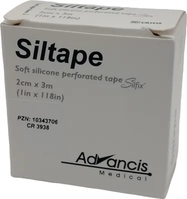 A white cardboard box for Siltape soft silicone perforated tape.
