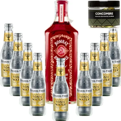 Immagine prodotto di Confezione Gintonic - Gin Bombay Raspberry + 9 Fever Tree Indian Premium Water - (70 cl + 9*20 cl) + Vasetto da 50 fette di cetriolo disidratato