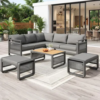 Immagine prodotto di Set di poltrone da giardino Merax per 6-7 persone, divano da giardino in corda intrecciata a mano con tavolo e sgabelli, salotto angolare da esterno resistente alle intemperie con cuscini, grigio