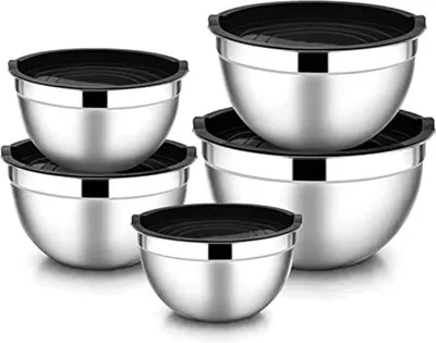 Image de Lot de 5 bocaux à compote en acier inoxydable, empilables, avec couvercles, d'une contenance de 0,7 l / 1,5 l / 2,7 l / 4 l.