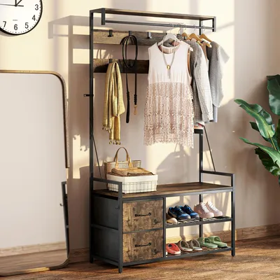 Image de Porte-manteau autoportant - Équipé de crochets, de tiroirs, d'un banc, d'un espace chaussures, avec une structure en bois. Idéal pour l'entrée