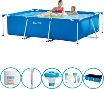 A large rectangular blue Intex pool with two people swimming in it, shown above a collage of pool accessories.