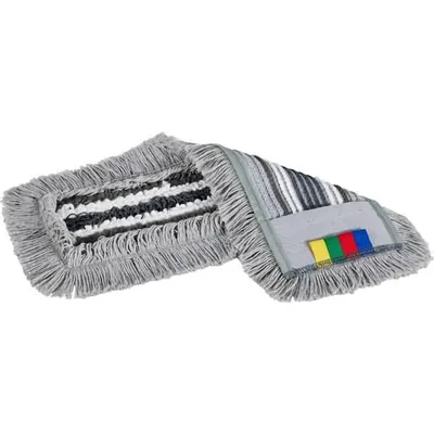 A mop head with fringe and colored tags is shown against a white background.