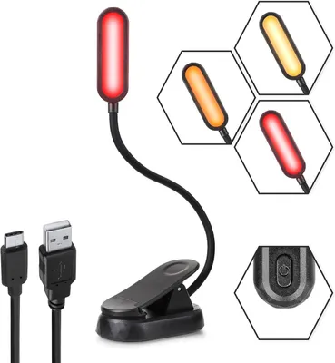 Image de Lampe de lecture pour livre - Lampe clip pour livre - Lecture au lit - 3 couleurs réglables en intensité - Rechargeable par USB - Rouge, ambre