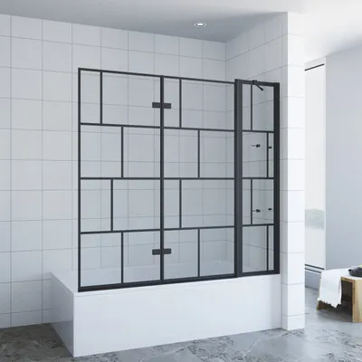 Produktbild von Badewannenfaltwand 3-teilig faltbar Duschabtrennung für Badewanne schwarz kariert aus 5mm ESG mit Duschablage Faltwand für Badewanne  Nano Beschichtung