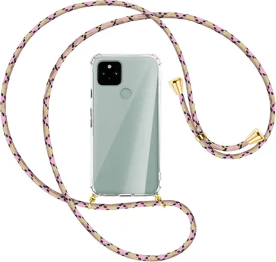 Produktbild von Handykette Backcover-Schutzhülle mit Band (Metall goldfarben) für Google Pixel 5 - rosa Karo