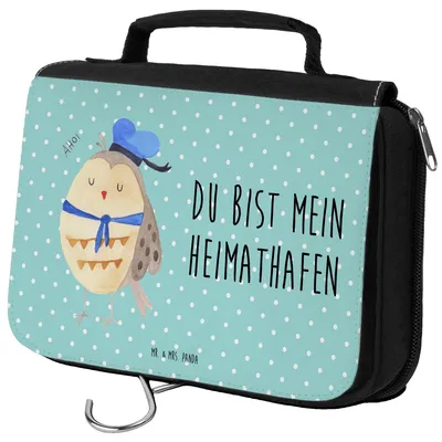 Produktbild von Mr. & Mrs. Panda Kulturbeutel Eule Matrose - Türkis Pastell - Geschenk, Kulturtasche, Necessaire, Ehe, Kosmetiktasche, Owl, Freundin, Verliebt, kosmetiktäschchen