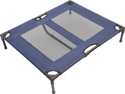 A blue and gray elevated pet bed with a mesh surface, shown from a slightly elevated angle against a white background.