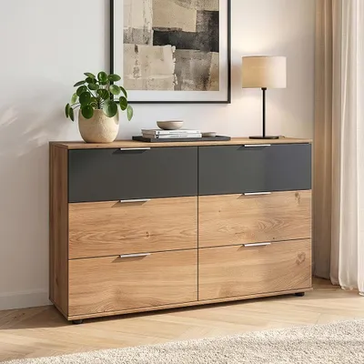 Produktbild von Schlafzimmer Kommode mit 130 cm Breite in Eiche und graphit, mit 6 Schubladen - VIESTE-43