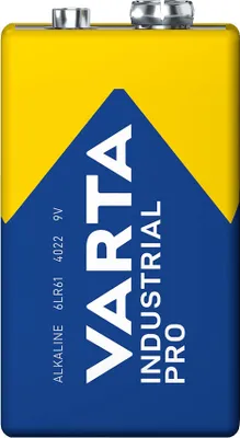 A Varta Industrial 9V battery against a white background.