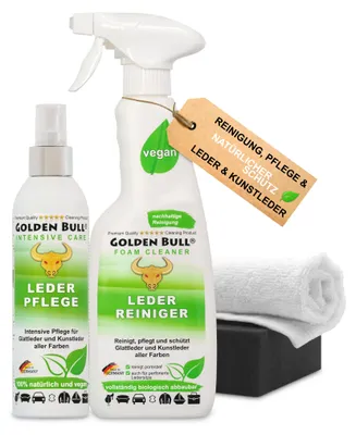 Produktbild von Golden Bull® Lederreiniger & Lederpflege Set - Leder Kunstleder Reiniger Schaum Spray 500ml, Lederpflegespray 250ml, Schwamm, Tuch für Auto, Sofa uvm.