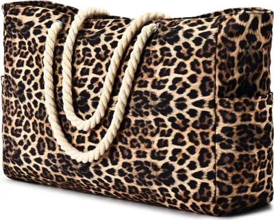 Image de Oscaurt Sac de plage Femme Grand étanche Léopard Rayures Tote Bag