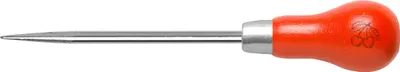 A tool with a red handle and a silver pointed tip against a white background.