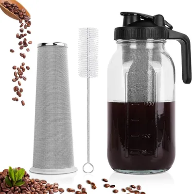 Produktbild von Cold Brew Coffee Maker, 64 oz Mason Jar Pitcher mit Edelstahlfilter, Ausgießer und Griffdeckel