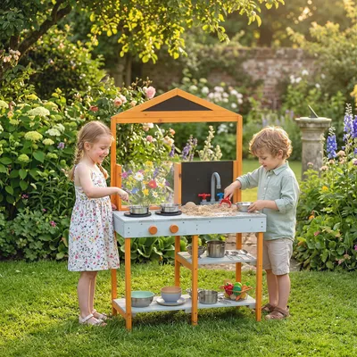 Produktbild von Holz-Matschküche für Kinder, Outdoor-Spielküche mit Spüle und Herd, inklusive Zubehör, Gartenküche für Kinder im Alter von 3-8 Jahren