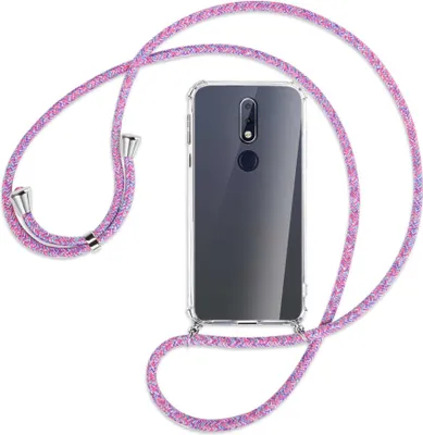 Produktbild von Handykette Backcover-Schutzhülle mit Band (Metall silberfarben) für Nokia 7.1 - lila/rosa/blau