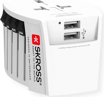 Productafbeelding van SKROSS 61664 Wereldadapter MUV USB 2x USB-A, wit - Compacte, 2-polige wereldreisadapter met 2 geïntegreerde USB-aansluitingen