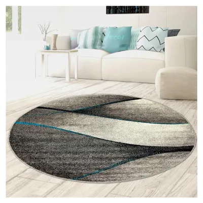 Produktbild von Moderner Dekoteppich aus Rinderhaar mit Wellenmuster in Blau, Grau und Anthrazit - pflegeleicht und strapazierfähig () Größe 200 cm rund