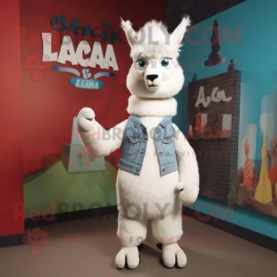 Produktbild von Weiße REDBROKOLY Lama Maskottchen kostümfigur bekleidet mit einer Röhrenjeans und Schnürsenkeln