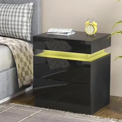 Produktbild von Nachttisch mit LED Licht,Nachtschrank Hochglanz mit 2 Schubladen,Versteckter Stauraum Oben,Beistelltisch Kommode für Schlafzimmer 45x35x52cm Schwarz